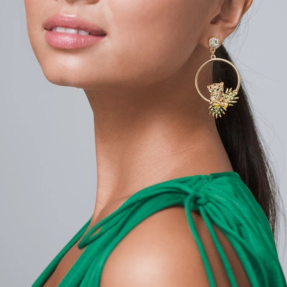 WHBM GOLDTONE PAVÉ CHEETAH DROP HOOP EARRINGS - Picture 2 of 5